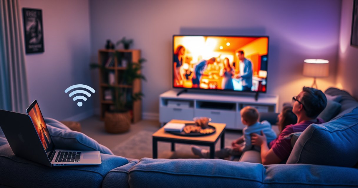 A cozy living room scene featuring a sleek MacBook connected wirelessly to a vibrant smart TV displaying a colorful movie scene. Soft ambient lighting illuminates the space, with a comfy sofa adorned with cushions, a coffee table with snacks, and a family enjoying a movie night together, blending technology with warmth and togetherness.