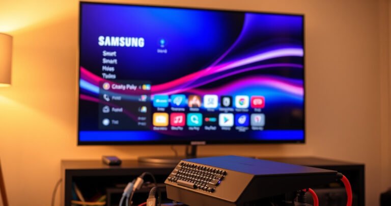 A sleek Samsung Smart TV displaying a vibrant desktop interface, with a glowing connection icon. In the foreground, a modern PC with illuminated keys sits atop a stylish desk, surrounded by colorful cables. Warm ambient lighting reflects off the walls, creating a cozy tech-savvy atmosphere, hinting at seamless connectivity and innovation in home entertainment.