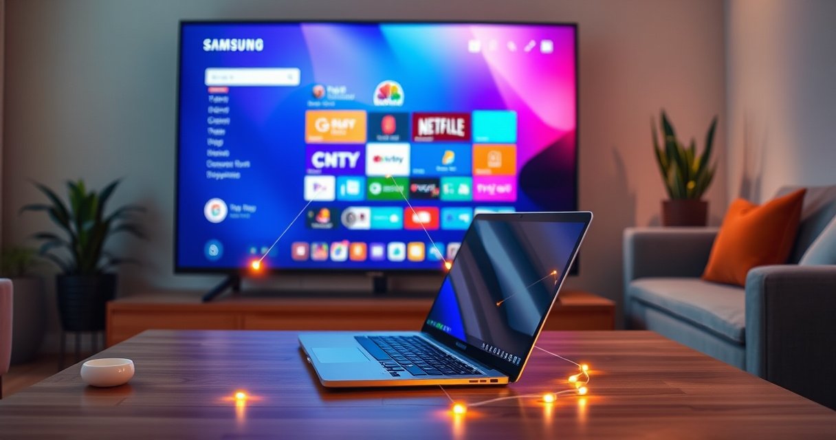 A sleek Samsung Smart TV displaying a vibrant, colorful interface, surrounded by a modern living room setting. A laptop with glowing connections linking to the TV, showcasing seamless integration. Warm ambient lighting casts a cozy atmosphere, with a stylish sofa and decorative plants in the background, hinting at technology enriching everyday life.