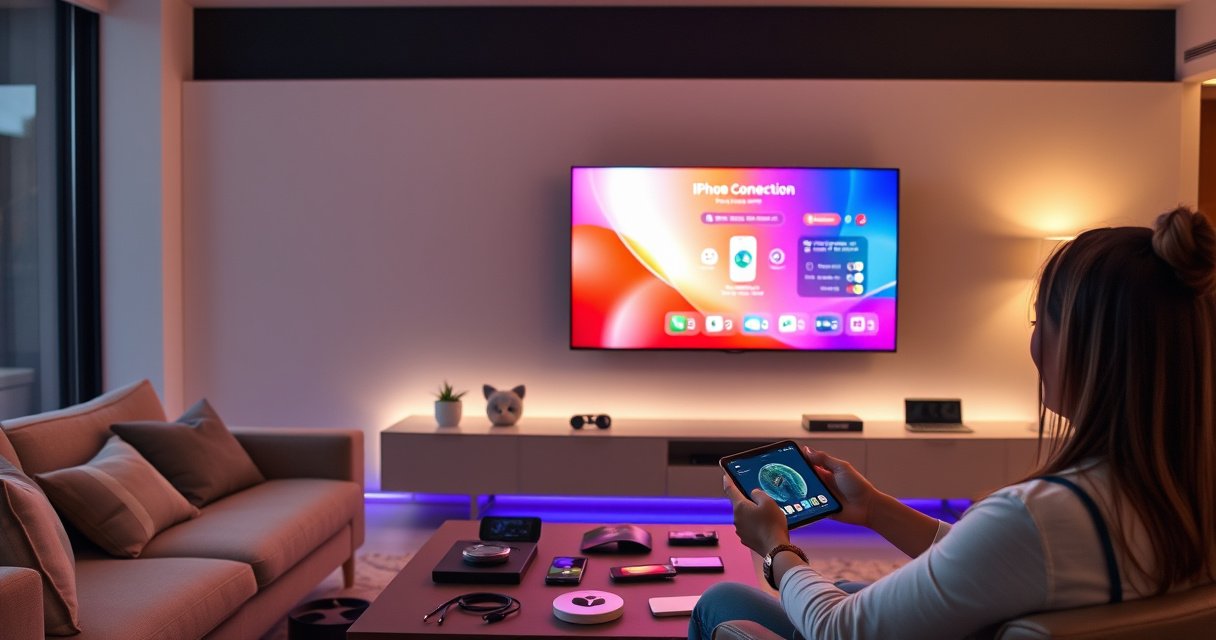 A sleek modern living room with a vibrant smart TV displaying a colorful iPhone connection interface, a cozy couch with cushions, a stylish coffee table scattered with tech gadgets, soft ambient lighting casting a warm glow, and a person happily interacting with both devices, showcasing seamless connectivity and modern technology in harmony.
