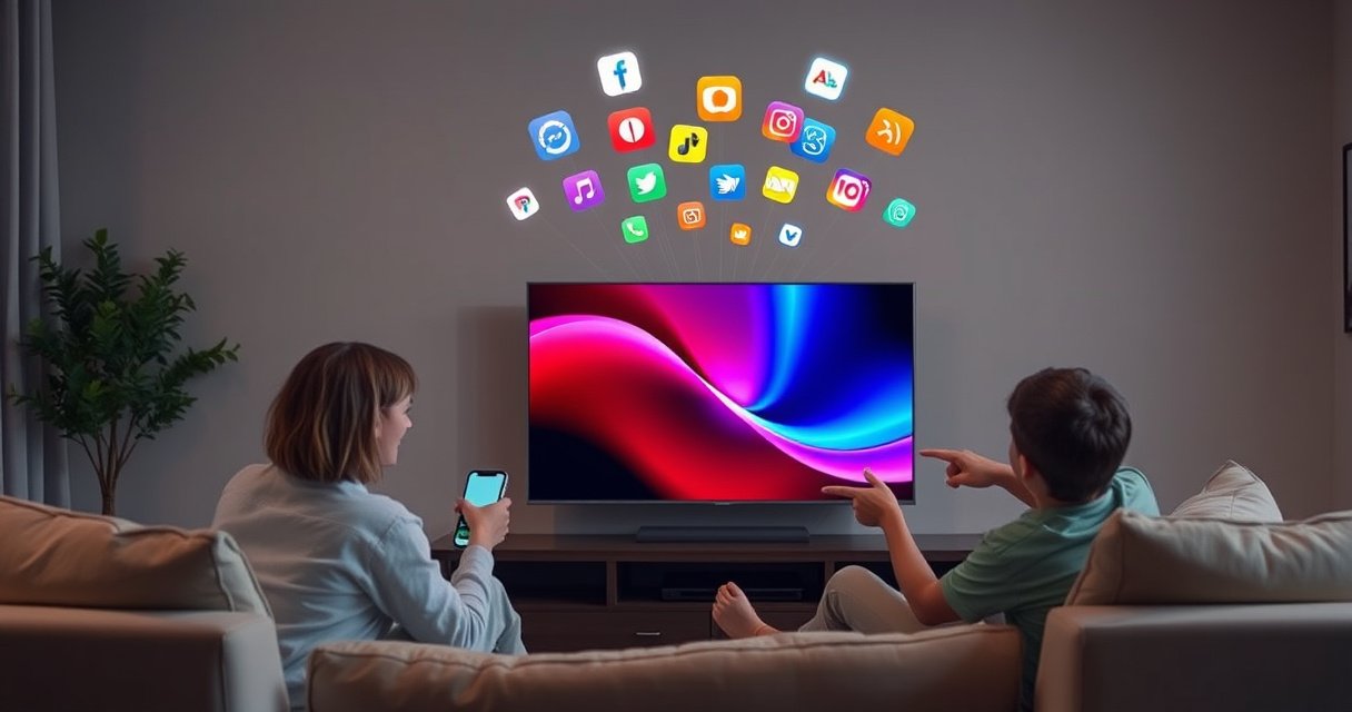 A cozy living room scene with a sleek smart TV displaying a vibrant iPhone screen. An excited family sits on a plush sofa, eagerly pointing at the TV, surrounded by soft lighting and modern decor. Colorful app icons float above the TV, symbolizing seamless connectivity between devices, creating an inviting atmosphere for tech-savvy viewers.