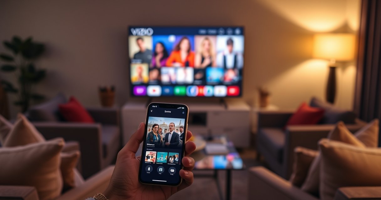 An iPhone glowing with a vibrant screen displaying a streaming app, seamlessly connecting to a sleek Vizio Smart TV in a cozy living room, with colorful visuals of movies or shows reflected on the TV, surrounded by soft armchairs and warm ambient lighting, creating a modern tech-savvy atmosphere.