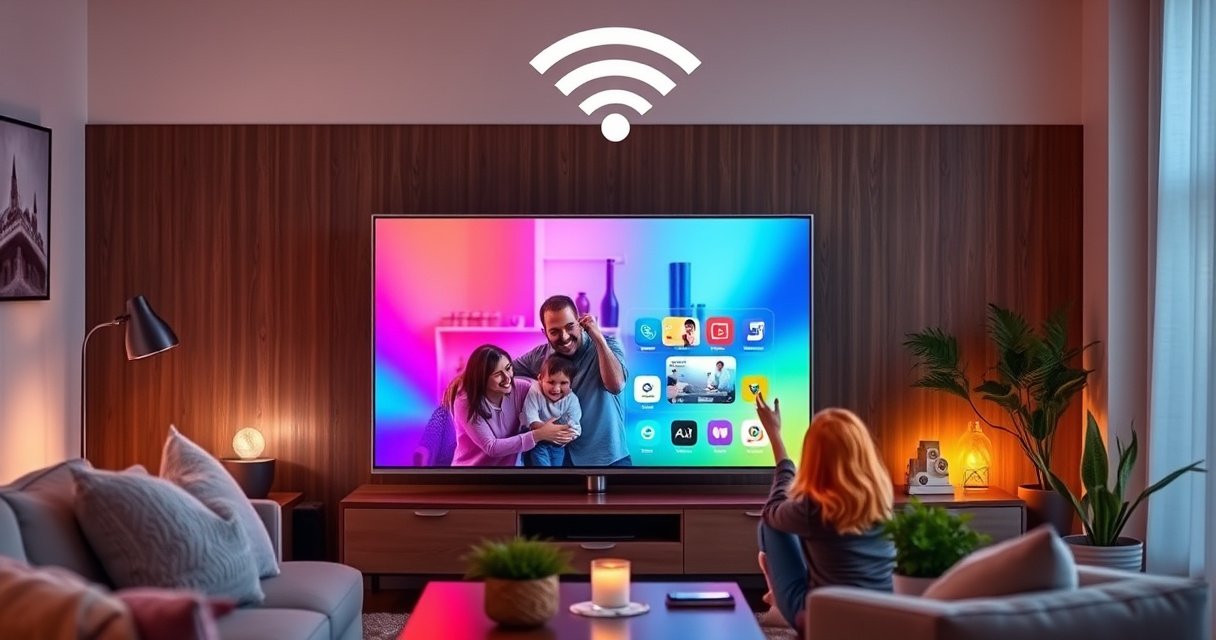 A sleek Samsung Smart TV glowing with vibrant colors, displaying a cozy living room setup. A family gathers around, interacting joyfully with the TV interface, while a WiFi symbol hovers above, radiating connection. Soft lighting enhances the inviting atmosphere, showcasing a modern decor with plush furniture and decorative plants, symbolizing seamless connectivity and modern technology.