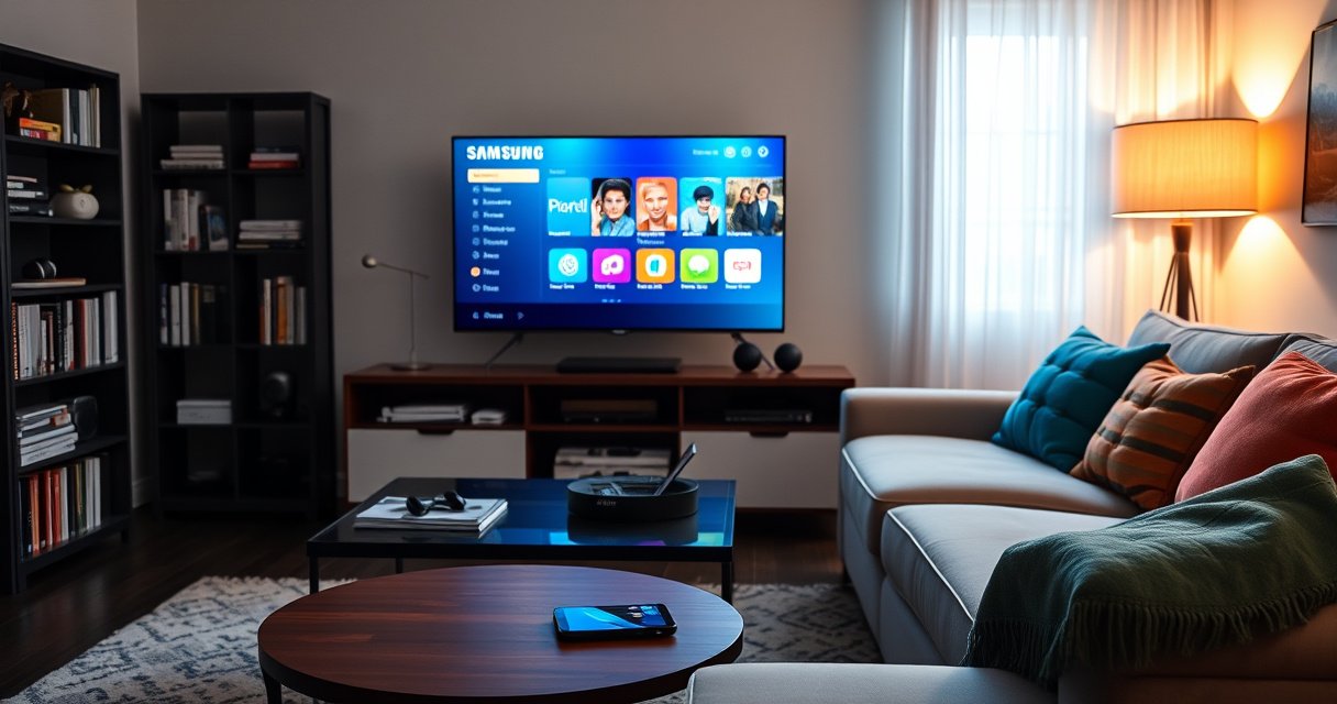 A cozy living room scene featuring a modern Samsung Smart TV displaying a vibrant interface. A stylish coffee table with a smartphone and a tablet nearby, soft ambient lighting, a plush sofa adorned with colorful cushions, and a bookshelf filled with gadgets and tech books, evoking a warm, inviting atmosphere for tech-savvy users.