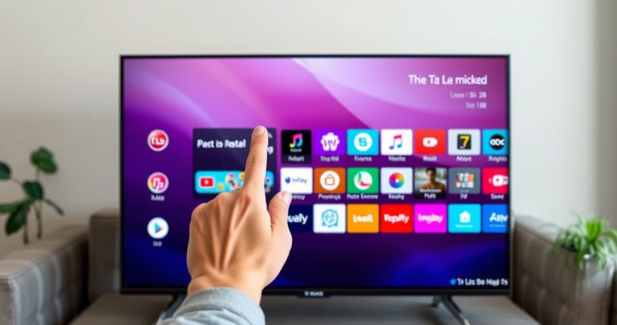 A sleek LG Smart TV displaying a vibrant, user-friendly interface with colorful app icons. A hand is poised to tap the screen, highlighting the app deletion process. The background features a cozy living room setting, with soft lighting, a plush sofa, and a hint of greenery, creating an inviting atmosphere for tech-savvy viewers.