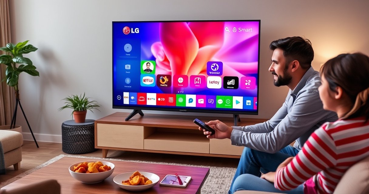 A sleek LG Smart TV displaying a vibrant screen filled with colorful app icons, set in a cozy living room with modern furniture. A family member interacts with the remote, excitement on their face. Soft lighting illuminates the space, while a coffee table holds snacks, creating a warm, inviting atmosphere perfect for tech exploration.