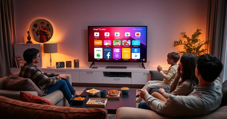 A modern living room featuring a sleek smart TV displaying a colorful app store interface, surrounded by a cozy sofa, snacks on a coffee table, warm ambient lighting, and a family joyfully interacting with a remote control, reflecting a vibrant and inviting atmosphere perfect for tech-savvy viewers.