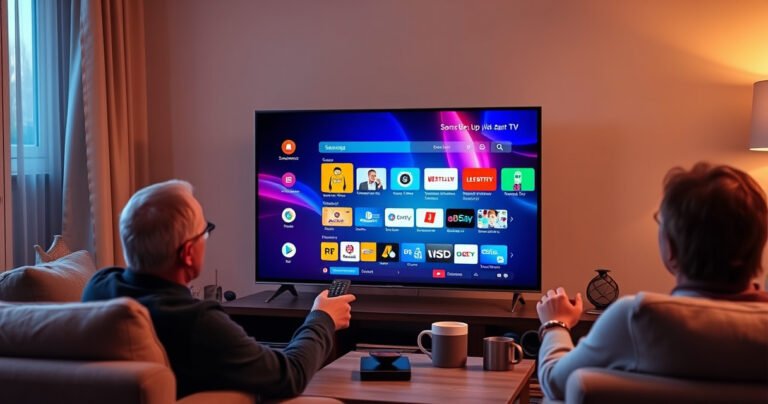 An older Samsung Smart TV displaying a colorful app store interface, surrounded by a cozy living room setting. A person is seated on a plush couch, intently navigating the screen with a remote. Soft ambient lighting highlights the sleek TV design, while a coffee table holds a steaming mug and some tech gadgets, creating a warm, inviting atmosphere.