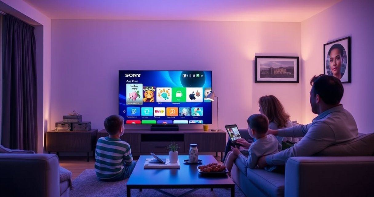 A modern living room featuring a sleek Sony Smart TV displaying a colorful app store interface. Soft, ambient lighting creates a cozy atmosphere, while a family sits comfortably on a plush sofa, engaged in exploring and downloading apps. A coffee table with snacks and a tablet nearby adds a touch of warmth and technology to the scene.