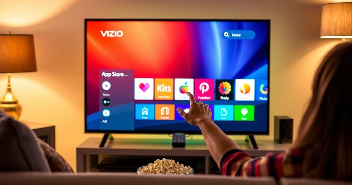 A sleek Vizio Smart TV displaying a colorful app store interface, surrounded by a cozy living room setting with a comfortable couch, a bowl of popcorn, and a remote control nearby, warm ambient lighting creating a welcoming atmosphere, while a hand reaches out to select an app on the vibrant screen.