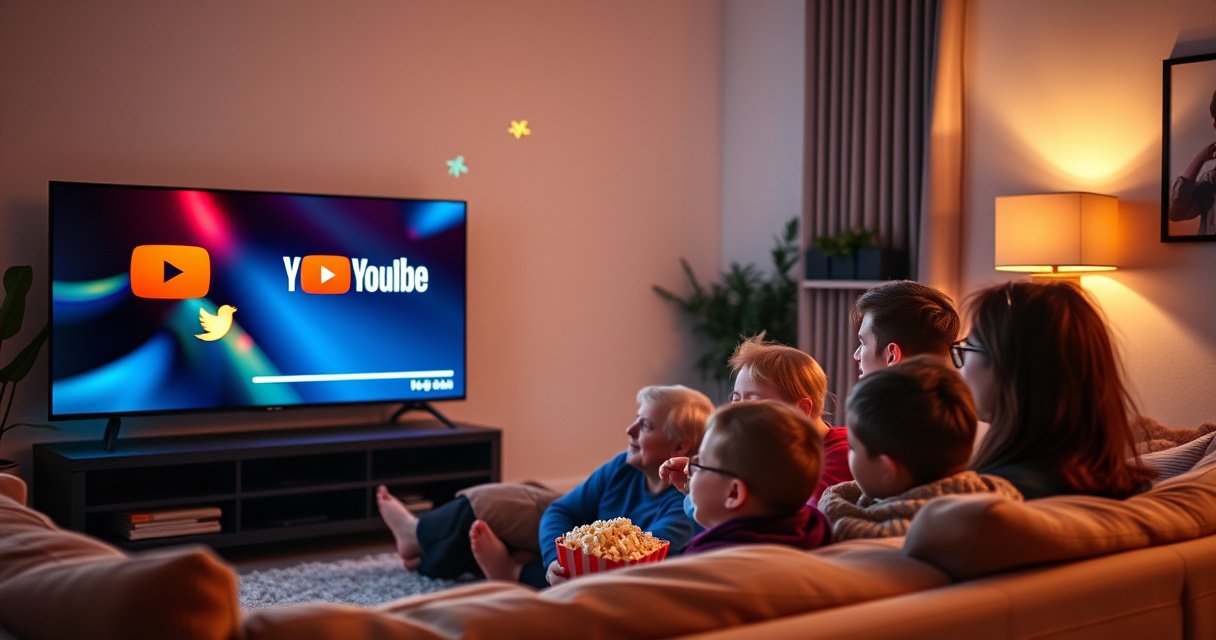 A cozy living room with a modern Smart TV displaying the YouTube logo, a family eagerly gathered around a plush sofa, popcorn in hand, colorful streaming icons floating in the air, warm lighting creating an inviting atmosphere, a digital download progress bar subtly visible on the TV screen, hints of technology blended with comfort and joy.