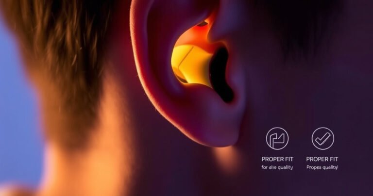 A close-up of a pair of sleek, modern earbuds nestled comfortably in a person's ear, surrounded by a soft, ambient glow. The background features a subtle gradient of calming colors, while infographics illustrating proper fit tips are faintly overlayed, blending seamlessly with the scene, evoking a sense of comfort and sound quality.