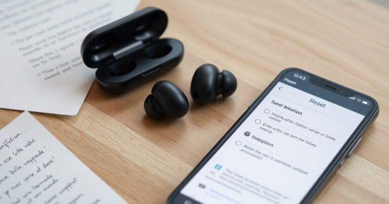A close-up of sleek, modern wireless earbuds resting on a minimalist wooden table, with a gentle glow illuminating their polished surface. Surrounding them are faded, handwritten instructions and a smartphone displaying a reset menu, conveying a sense of technology and simplicity, inviting readers to explore the process of restoring their audio devices.