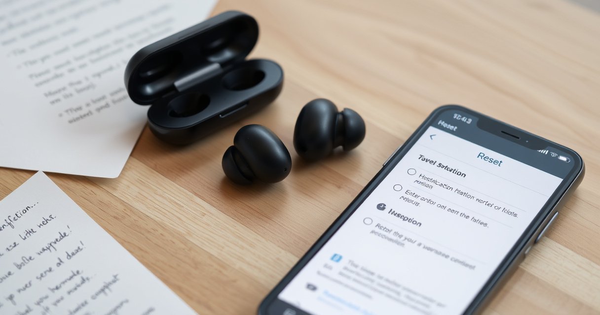 A close-up of sleek, modern wireless earbuds resting on a minimalist wooden table, with a gentle glow illuminating their polished surface. Surrounding them are faded, handwritten instructions and a smartphone displaying a reset menu, conveying a sense of technology and simplicity, inviting readers to explore the process of restoring their audio devices.