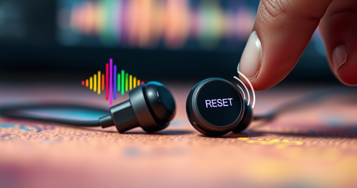 A close-up of sleek, modern Skullcandy earbuds resting on a vibrant, textured surface. Surrounding them are colorful sound waves and digital reset icons, symbolizing technology and sound. Soft ambient lighting highlights the earbuds' design, while a subtle, blurred hand reaches towards the reset button, evoking a sense of action and user engagement.