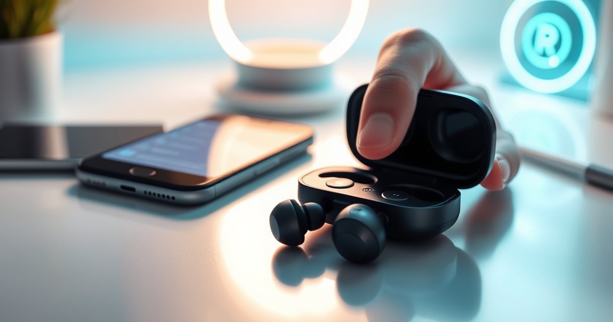 A close-up of sleek, modern true wireless earbuds resting on a minimalist tech-themed workspace, surrounded by soft glowing light. An open smartphone displays settings options, with a hand poised to tap. Subtle hints of a digital reset symbol in the background, creating an atmosphere of innovation and simplicity in gadget care.