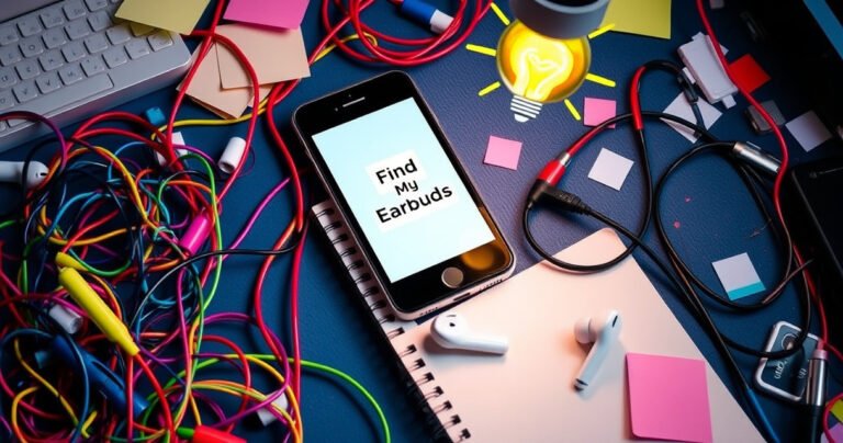 A vibrant, cluttered desk scattered with colorful wires, a smartphone displaying a 'Find My Earbuds' app, and a pair of sleek, wireless earbuds partially hidden under a notebook, surrounded by playful notes and a glowing light bulb overhead symbolizing ideas, evoking a sense of urgency and creativity in the search for lost technology.