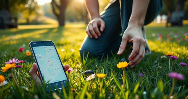 A close-up of a person kneeling on a grassy park lawn, searching for lost Bluetooth earbuds amidst vibrant wildflowers, with a glowing smartphone displaying a tracking app's map in the foreground, sunlight filtering through trees, creating a warm, hopeful atmosphere, emphasizing the urgency and determination of the search.