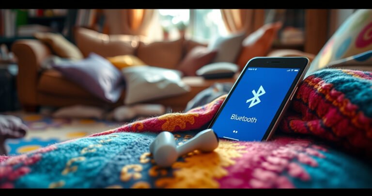 A close-up of a vibrant, cluttered living room with a cozy couch, scattered cushions, and a glowing smartphone displaying a Bluetooth connection screen, while a pair of sleek, lost Bose earbuds peeks out from under a colorful throw blanket, sunlight filtering in through a window, creating an inviting yet slightly chaotic atmosphere.