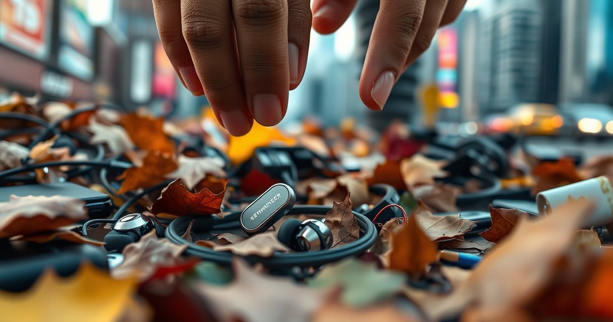 A cluttered urban scene with vibrant colors, showcasing a pair of sleek Sennheiser earbuds partially hidden among fallen leaves and scattered tech items. A pair of hands reaches down, gently lifting the earbuds, while a soft glow highlights their metallic finish. In the background, blurred cityscapes convey a sense of urgency and discovery.