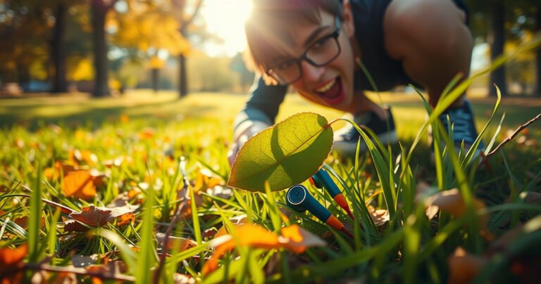 A vibrant scene of a person searching through colorful grass in a sunny park, with scattered fallen leaves and twigs around. In the foreground, a pair of bright Skullcandy earbuds peeking out from under a leaf, while the person crouches down, intently scanning the area. Warm sunlight filters through the trees, highlighting the excitement of discovery.