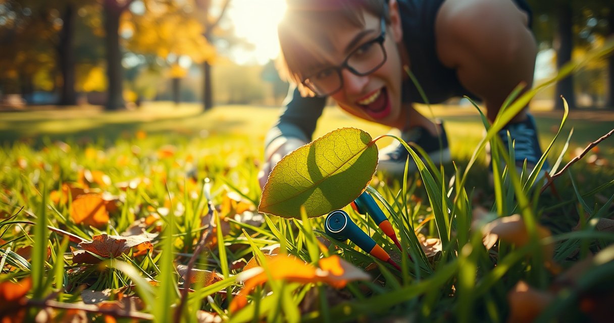 A vibrant scene of a person searching through colorful grass in a sunny park, with scattered fallen leaves and twigs around. In the foreground, a pair of bright Skullcandy earbuds peeking out from under a leaf, while the person crouches down, intently scanning the area. Warm sunlight filters through the trees, highlighting the excitement of discovery.