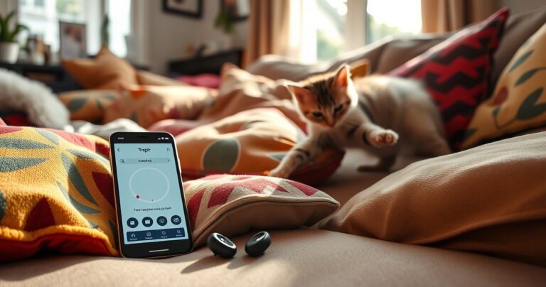 A cluttered living room scene with a pair of sleek wireless earbuds partially hidden among colorful cushions, a smartphone displaying a tracking app, and a playful cat curiously pawing at the couch, soft sunlight streaming through a window, creating a cozy yet chaotic atmosphere that hints at the quest to locate the missing earbuds.