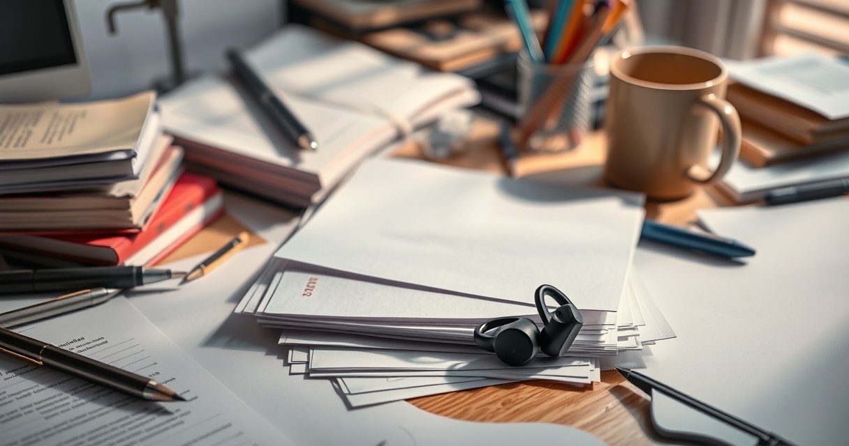 A cluttered desk with various items like books, pens, and a coffee cup, prominently featuring a pair of sleek, modern Bluetooth earbuds partially hidden under a stack of papers. Soft, warm lighting casts gentle shadows, creating a cozy yet chaotic atmosphere, emphasizing the earbuds as the focal point amidst the everyday mess.