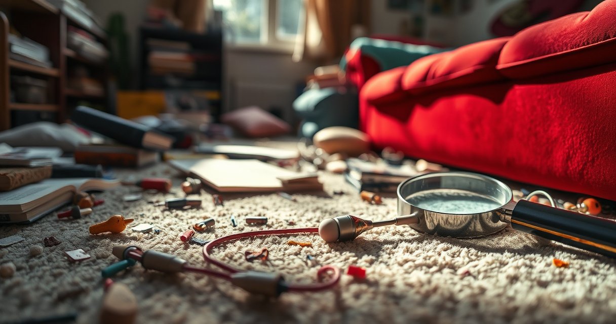 A close-up of a cluttered living room floor scattered with various items like books, cushions, and toys, with a single, slightly dusty earbud partially hidden beneath a bright red sofa. Sunlight streams through a window, illuminating the earbud’s metallic sheen, while a magnifying glass rests nearby, symbolizing the search.