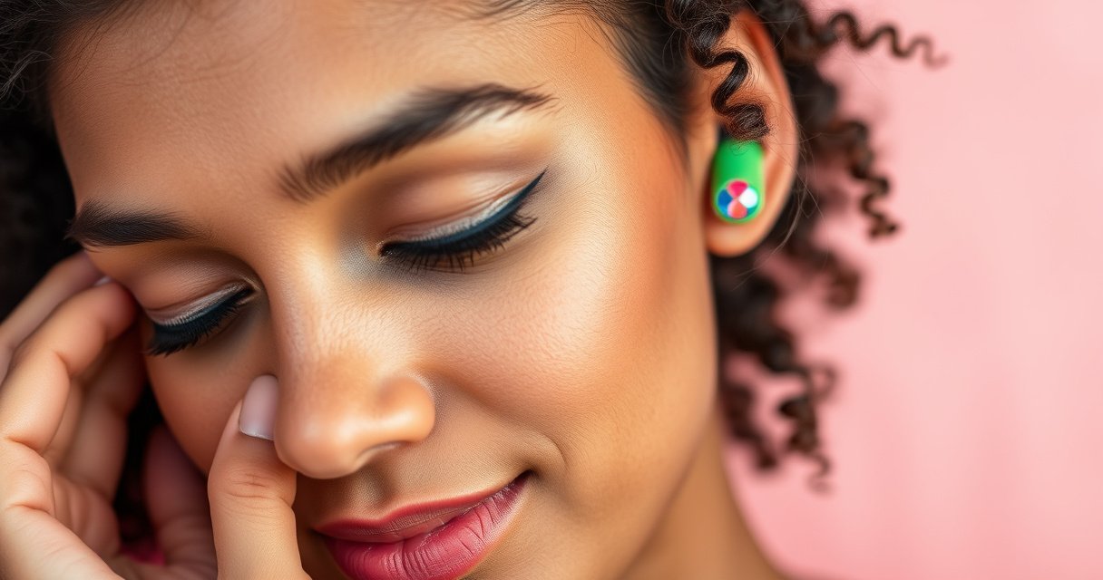 A close-up of a person gently inserting colorful, modern earbuds into their ears, surrounded by a soft, inviting background of pastel colors. The focus is on the earbuds and the person’s serene expression, showcasing a sense of comfort and security. Delicate light highlights the earbuds, emphasizing their sleek design and vibrant hues.