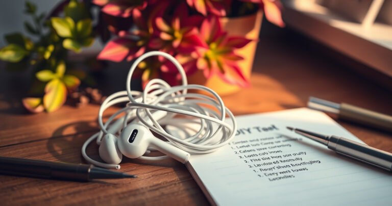 A pair of white Apple earbuds tangled on a wooden table, surrounded by small tools like tweezers and a screwdriver. A vibrant plant in the background adds a touch of life, while a notepad with troubleshooting steps is partially visible, illuminated by warm, natural light, creating a cozy, inviting atmosphere for DIY enthusiasts.