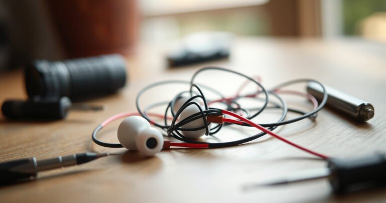 A close-up of a pair of tangled earbuds on a wooden table, surrounded by small tools like a screwdriver and tweezers. Soft natural light filters through a nearby window, illuminating the intricate details of the earbud components and the vibrant colors of the tangled wires, evoking a sense of DIY urgency and creativity.