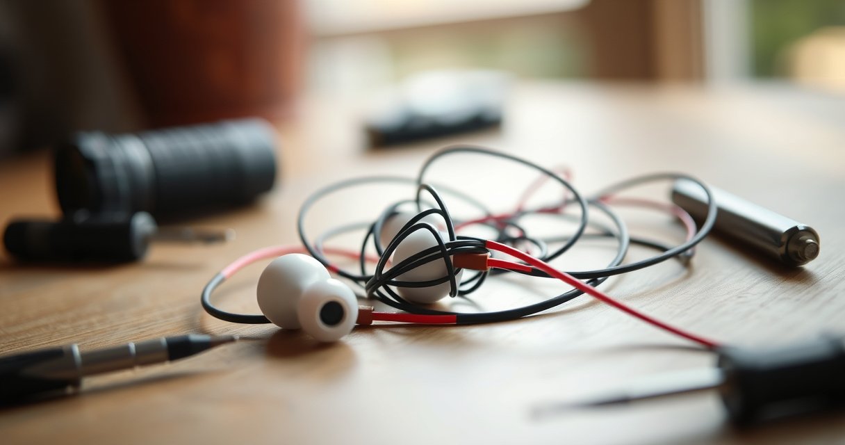 A close-up of a pair of tangled earbuds on a wooden table, surrounded by small tools like a screwdriver and tweezers. Soft natural light filters through a nearby window, illuminating the intricate details of the earbud components and the vibrant colors of the tangled wires, evoking a sense of DIY urgency and creativity.