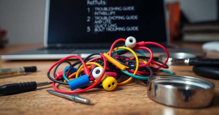A close-up of colorful, tangled earbuds resting on a wooden table, surrounded by small tools like tweezers, a screwdriver, and a magnifying glass, with a bright, inviting light illuminating the scene. In the background, a blurred laptop screen displays troubleshooting guides, hinting at quick fixes for audio issues.