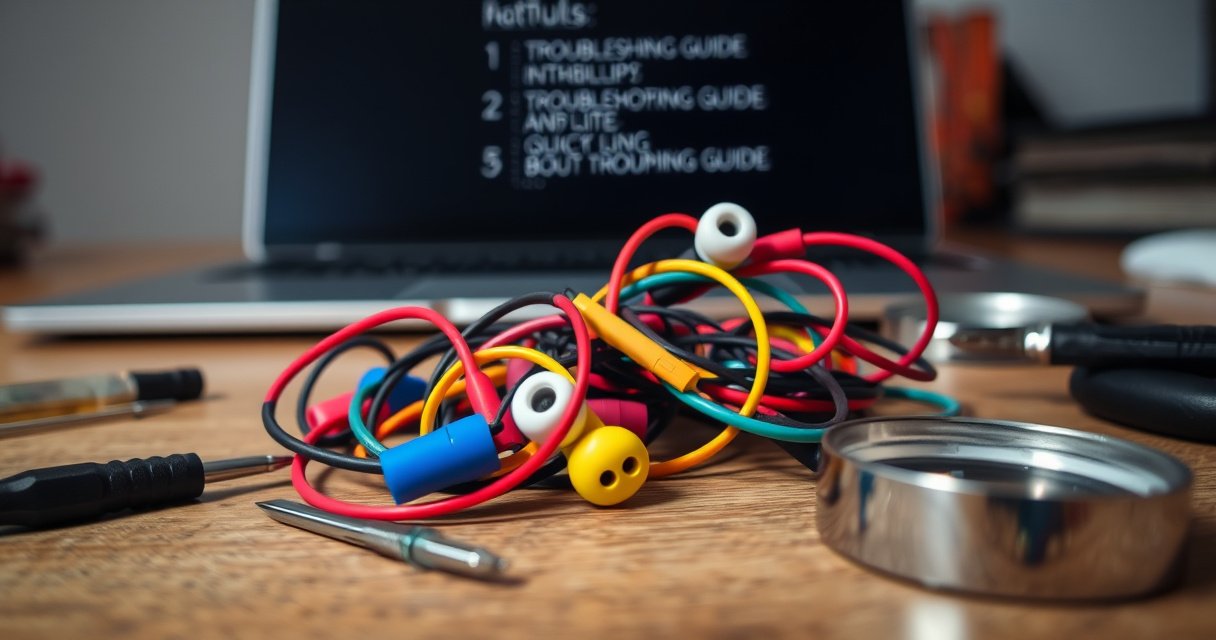 A close-up of colorful, tangled earbuds resting on a wooden table, surrounded by small tools like tweezers, a screwdriver, and a magnifying glass, with a bright, inviting light illuminating the scene. In the background, a blurred laptop screen displays troubleshooting guides, hinting at quick fixes for audio issues.