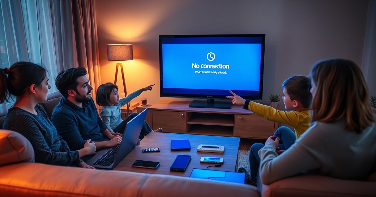 A frustrated family sitting in a cozy living room, surrounded by modern technology, with a smart TV displaying a "No Connection" error. Laptops and smartphones are scattered on the coffee table, while a child points at the TV. A warm glow from a nearby lamp contrasts with the cool blue light of the TV screen.