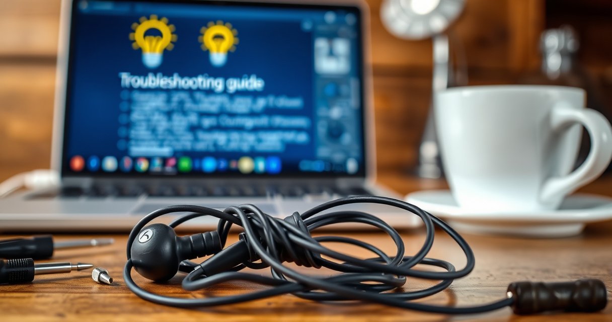 A close-up of a pair of tangled earbud wires on a wooden table, surrounded by tiny tools like tweezers and screwdrivers, with a glowing light bulb overhead symbolizing ideas. In the background, a blurred laptop screen displays a troubleshooting guide, while a cup of coffee sits nearby, adding a cozy, inviting atmosphere.