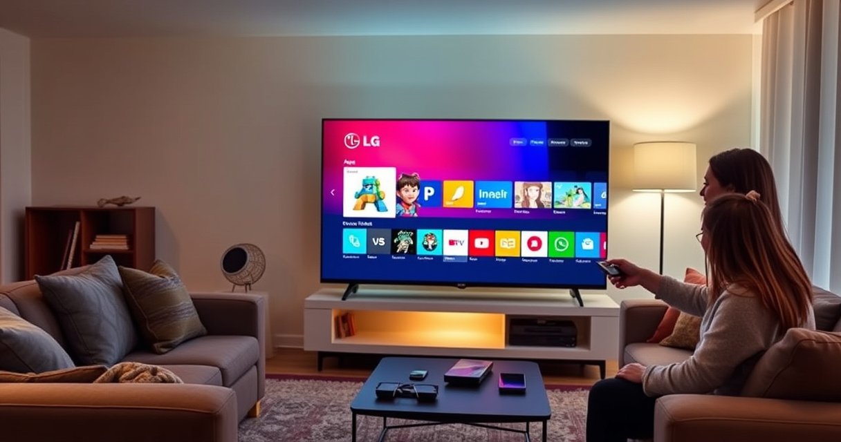 A sleek LG Smart TV glowing in a modern living room, displaying a vibrant app store interface with colorful app icons. The room is cozy with soft ambient lighting, a stylish couch, and a coffee table scattered with tech gadgets. A family member excitedly interacts with the remote, highlighting the ease of app installation.