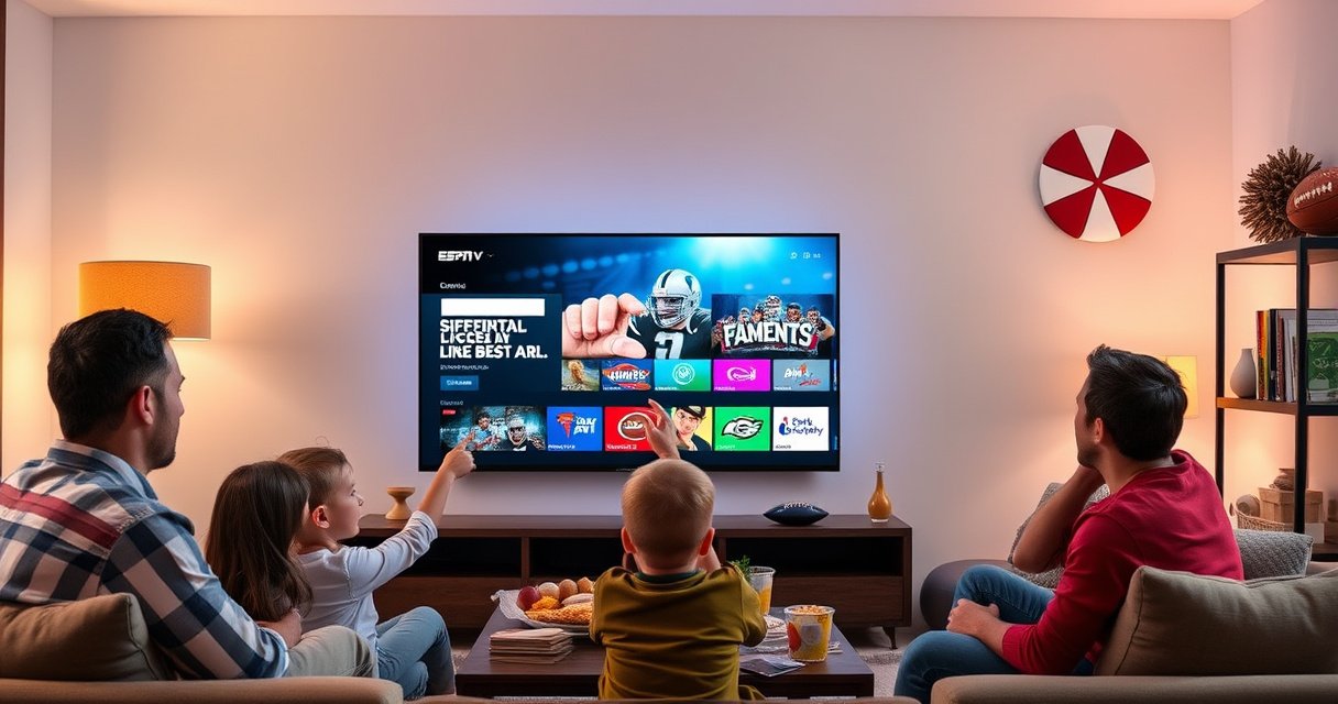 A modern living room with a sleek smart TV displaying the ESPN app interface. A family gathers around, excitedly pointing at the screen, surrounded by sports memorabilia and snacks. Soft ambient lighting highlights the cozy atmosphere, with a vibrant sports theme that captures the essence of game day excitement and technology in harmony.