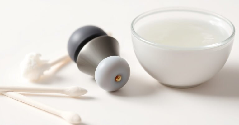 A close-up of a pair of sleek, modern earbuds with a tiny, glistening bead of ear wax on the silicone tip, juxtaposed against a clean, bright background. Surrounding the earbuds are gentle, swirling hints of cotton swabs and a small, elegant bowl filled with warm soapy water, evoking a sense of care and cleanliness.