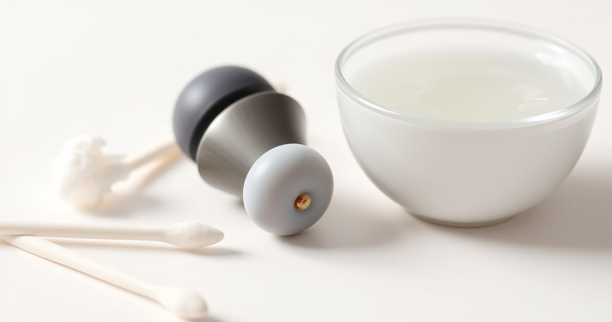 A close-up of a pair of sleek, modern earbuds with a tiny, glistening bead of ear wax on the silicone tip, juxtaposed against a clean, bright background. Surrounding the earbuds are gentle, swirling hints of cotton swabs and a small, elegant bowl filled with warm soapy water, evoking a sense of care and cleanliness.