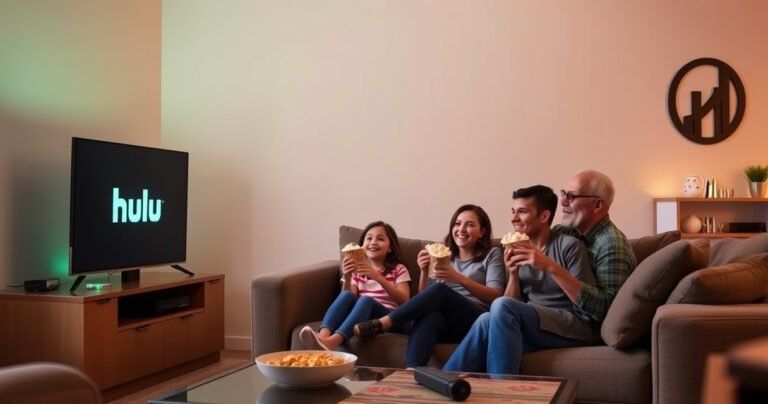A cozy living room with a sleek smart TV displaying the Hulu logo, a family gathered on a comfortable couch, popcorn in hand, excited expressions on their faces, warm lighting illuminating the scene, a coffee table with a remote control and snacks, hints of modern decor in the background, conveying a sense of family fun and entertainment.