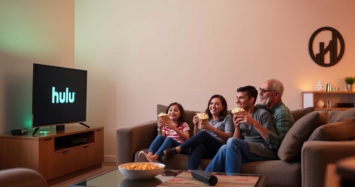 A cozy living room with a sleek smart TV displaying the Hulu logo, a family gathered on a comfortable couch, popcorn in hand, excited expressions on their faces, warm lighting illuminating the scene, a coffee table with a remote control and snacks, hints of modern decor in the background, conveying a sense of family fun and entertainment.