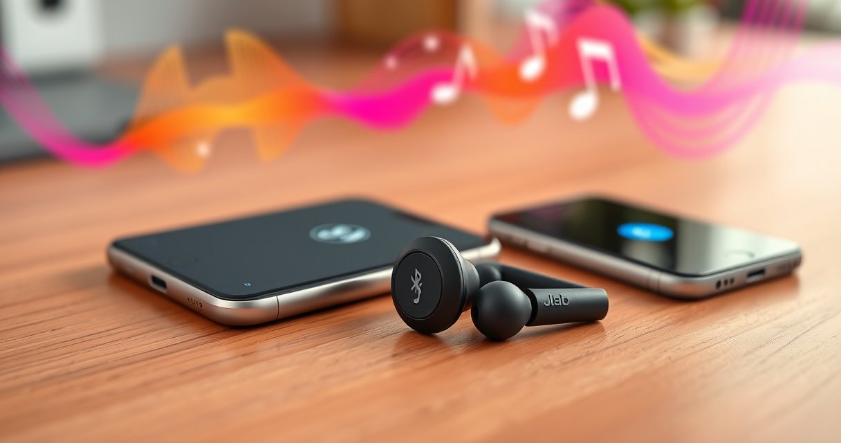 A close-up of sleek JLab earbuds resting on a vibrant, modern wooden desk, surrounded by colorful soundwave graphics. Soft, diffused light highlights the earbuds' glossy finish, while a smartphone displays a glowing Bluetooth icon, symbolizing connectivity. In the background, hints of music notes float in the air, creating an inviting atmosphere of audio exploration.