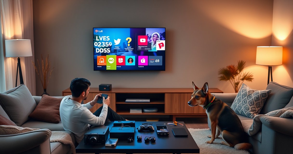 A modern living room featuring a sleek LG Smart TV displaying vibrant app icons, surrounded by cozy furniture, soft ambient lighting, and a stylish coffee table cluttered with tech gadgets. A person sits comfortably, engaged with a remote, while a curious dog watches intently, creating an inviting and tech-savvy atmosphere.