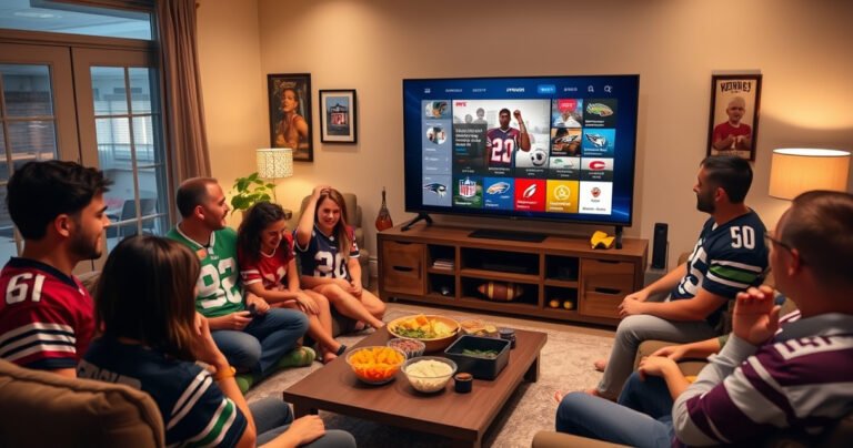 A cozy living room with a large smart TV displaying the NFL app interface, surrounded by excited fans wearing jerseys, colorful snacks on the coffee table, soft lighting creating an inviting atmosphere, and a football-themed decor. The scene captures the anticipation of game day, emphasizing technology and camaraderie.