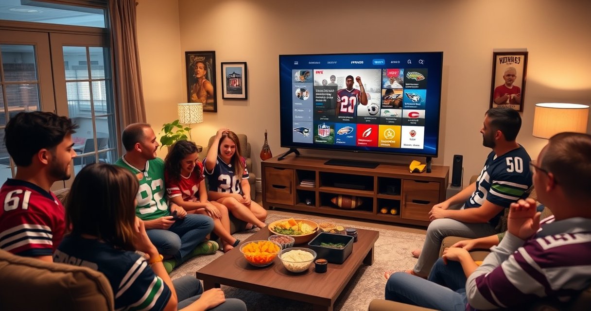 A cozy living room with a large smart TV displaying the NFL app interface, surrounded by excited fans wearing jerseys, colorful snacks on the coffee table, soft lighting creating an inviting atmosphere, and a football-themed decor. The scene captures the anticipation of game day, emphasizing technology and camaraderie.