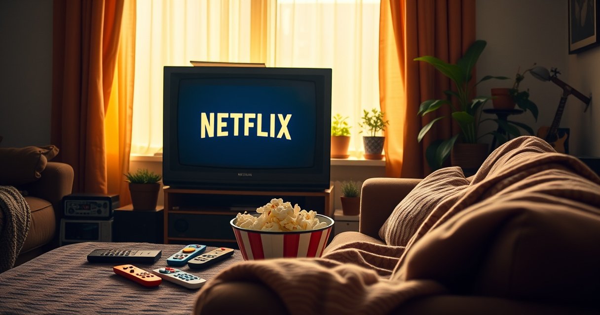 A cozy living room scene featuring a classic non-smart TV displaying the Netflix logo, surrounded by a vintage popcorn bowl, colorful remote controls, and a warm blanket draped over a comfy sofa. Soft golden light filters in through a window, highlighting a few potted plants, creating an inviting atmosphere for binge-watching.