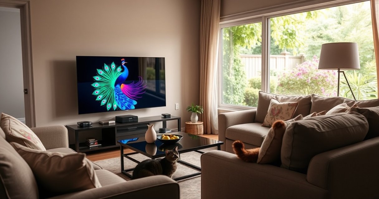 A cozy living room featuring a sleek Samsung Smart TV displaying the vibrant Peacock logo, surrounded by plush sofas and a stylish coffee table. Soft, warm lighting illuminates the space, while a curious cat lounges nearby. A window reveals a lush garden outside, inviting a sense of comfort and entertainment.