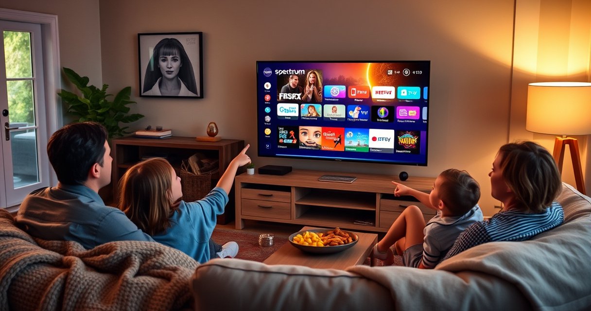 A cozy living room with a modern smart TV displaying the Spectrum TV app interface, surrounded by a comfortable couch, soft blankets, and a warm, inviting atmosphere. A family gathers, excitedly pointing at the screen, with snacks on the coffee table and soft lighting enhancing the scene, creating a sense of home and entertainment.
